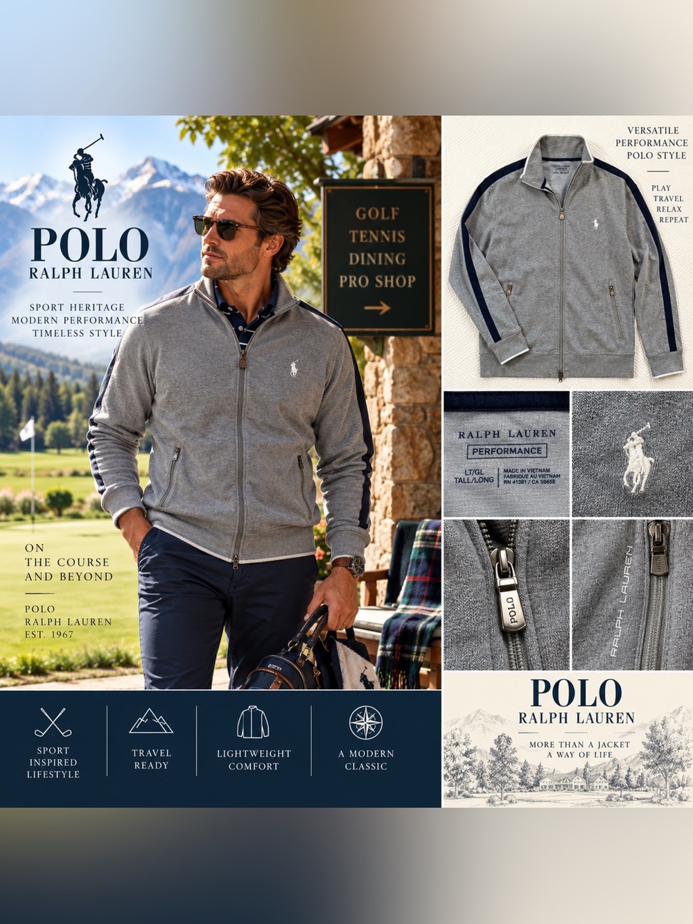 Ralph Lauren Gray Lightweight Performance Track Jacket with Navy Stripes